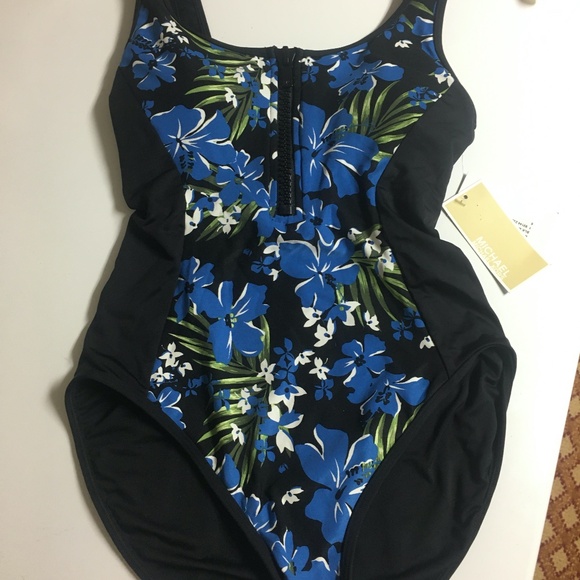 MICHAEL Michael Kors Bold Tropical Bliss Front Zip One-Piece Black Multi 6 NWT - Picture 3 of 5
